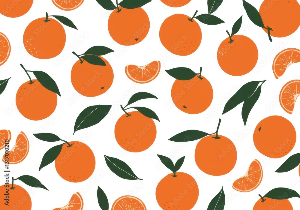 Vibrant citrus pattern, oranges and tangerines, minimalist fruit illustration, green leaves, white background, cheerful color palette, seamless repeat design Vibrant citrus pattern, oranges and tangerines, minimalist fruit illustration, green leaves, white background, cheerful color palette, seamless repeat design