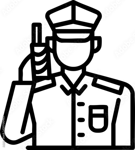 Police officer in uniform signaling with a radio device.