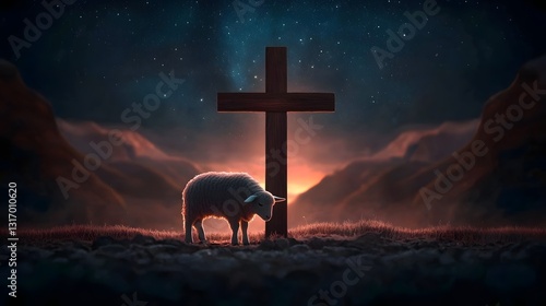 A touching image of a lamb standing solemnly beside an aged wooden cross bathed in a divine glow under the starry night sky  Rolling mist drifts across the hill
