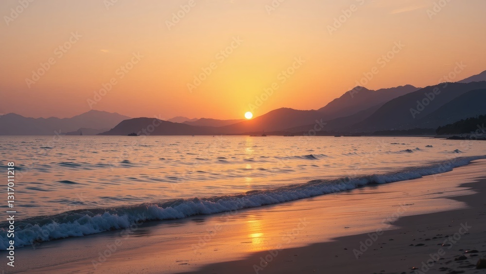 Breathtaking Sunset Over Tranquil Beach with Gentle Waves and Mountains in the Background Breathtaking Sunset Over Tranquil Beach with Gentle Waves and Mountains in the Background