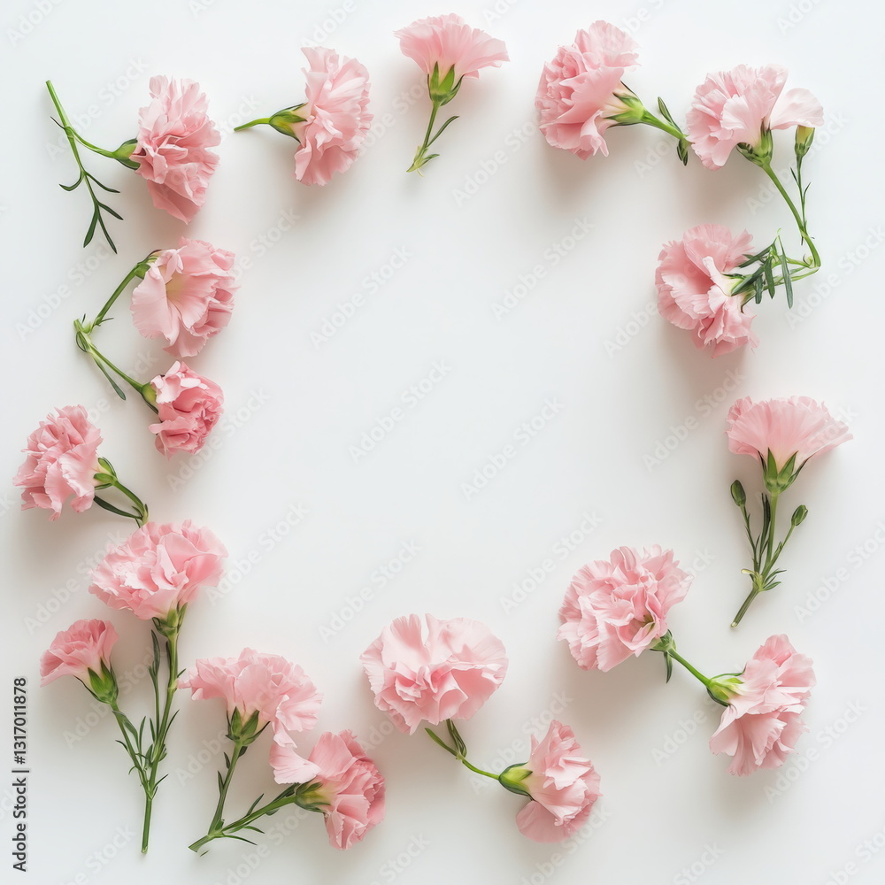 Pink carnations arranged in the shape of an empty square frame on a white background Pink carnations arranged in the shape of an empty square frame on a white background