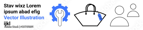 Gear with wrench symbolizing tools, handbag for shopping, user figures for people. Ideal for ecommerce, tools, shopping, repair, user profiles, business connections and flat landing page banner