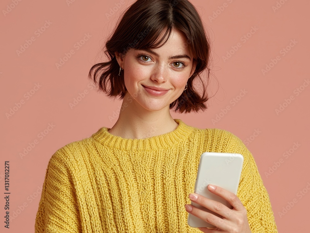 Smiling Young Woman Engaged with Mobile Device Against Rosy Backdrop in Warm Knit Yellow Pullover Smiling Young Woman Engaged with Mobile Device Against Rosy Backdrop in Warm Knit Yellow Pullover