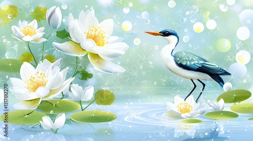 Blue Heron and White Lotus Flowers in a Serene Pond