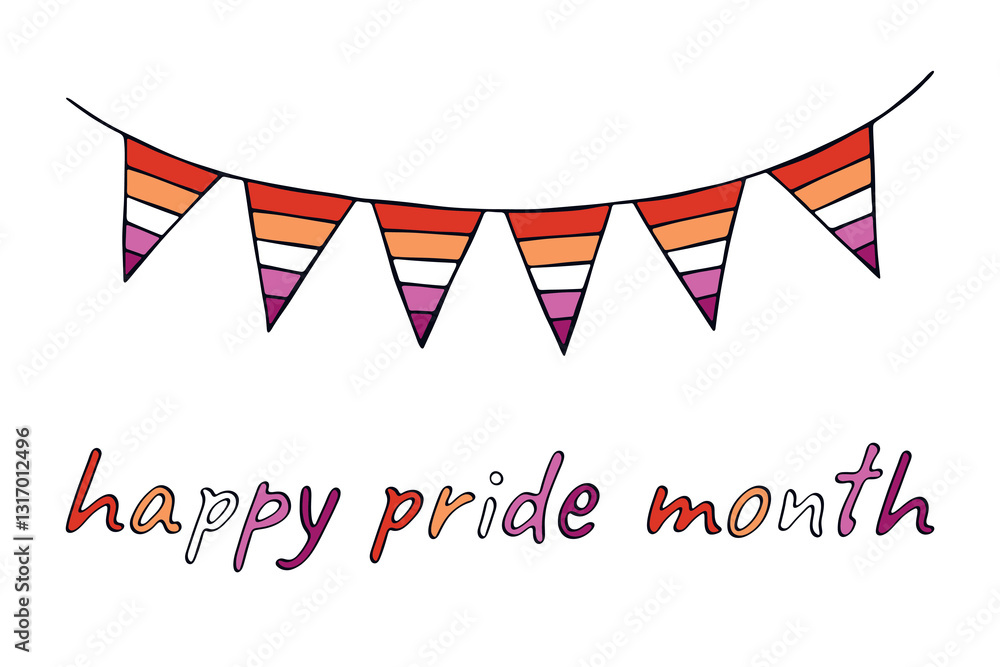 Obraz premium Colorful garland Lesbian pride flag Happy pride day LGBTQIA community Pride Month Vector hand drawn doodle for posters, stickers, logo, cards