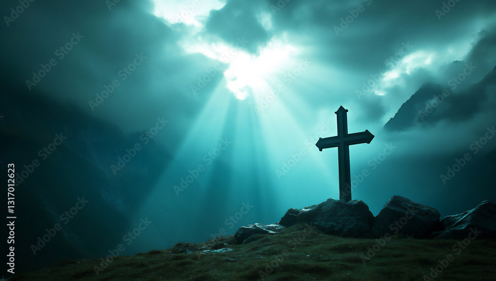 Naklejka premium a cross is silhouetted against the sky,