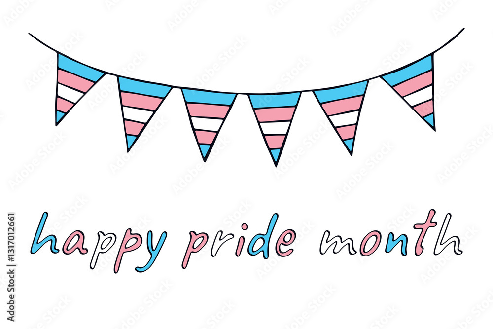 Obraz premium Colorful garland Transgender pride flag Happy pride day LGBTQIA community Pride Month Vector hand drawn doodle for posters, stickers, logo, cards