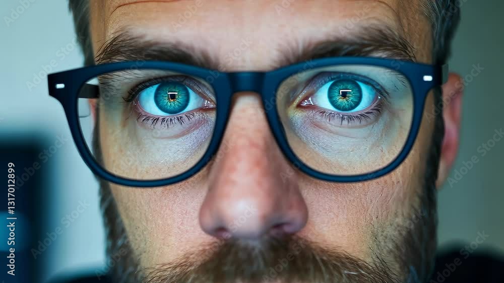 Bespectacled Man Deep in Thought Pondering Latest Technology Trends in Home Office Setting with Focus on Eyes and Modern Style Bespectacled Man Deep in Thought Pondering Latest Technology Trends in Home Office Setting with Focus on Eyes and Modern Style