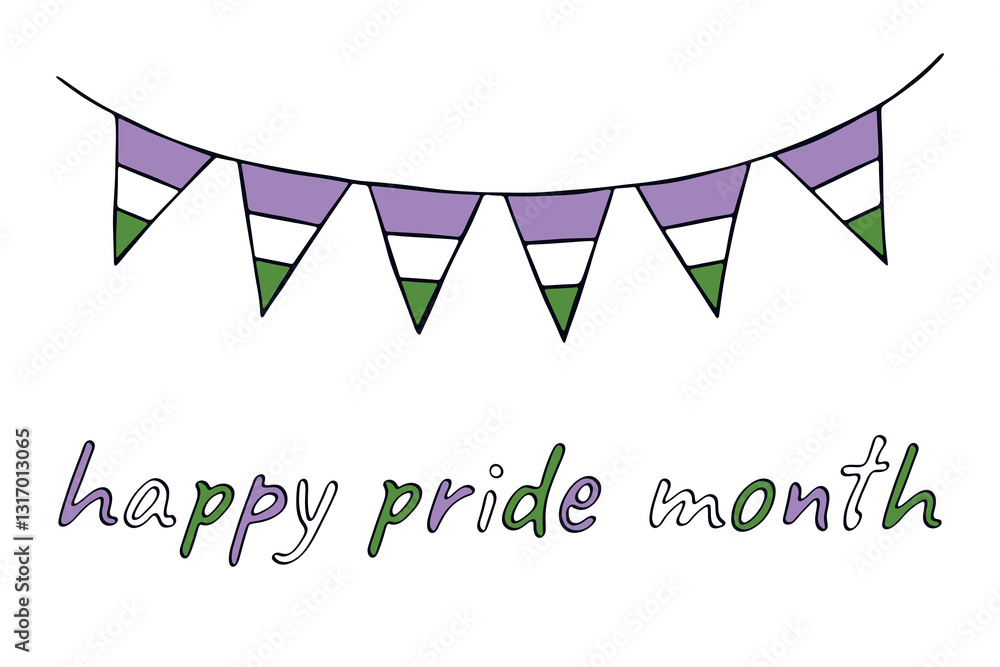 Fototapeta premium Colorful garland Genderqueer pride flag Happy pride day LGBTQIA community Pride Month Vector hand drawn doodle for posters, stickers, logo, cards