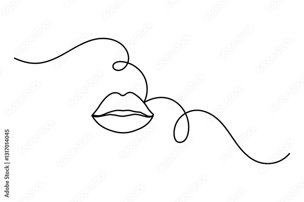 Obraz premium Lips one line art drawing on black and white isolated vector background