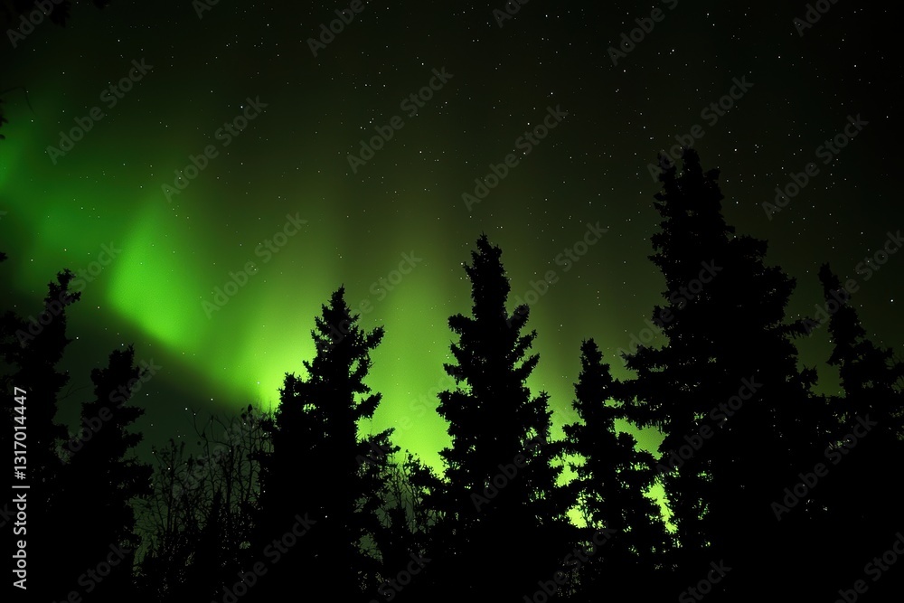 Fototapeta premium Ethereal Aurora Borealis Over Dark Silhouetted Pine Forest Night Sky