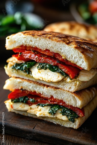Delicious Panini Sandwich with Grilled Chicken Roasted Red Pepper and Pesto on Rustic Wooden Board Food Photography Close up Shot