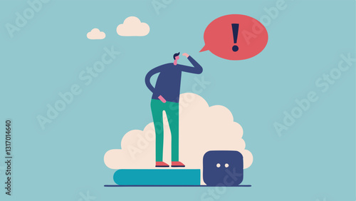 Scale Anxiety A person stepping onto a bathroom scale with exaggerated numbers on the display and a thought bubble filled with words like failure and success the