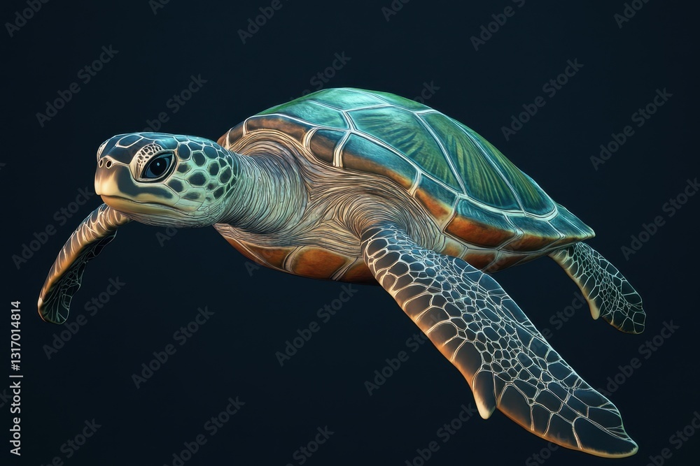 Fototapeta premium Green sea turtle swimming in deep blue ocean 3D illustration swimming turtle . A green sea turtle gracefully swims through the clear blue waters of the ocean,