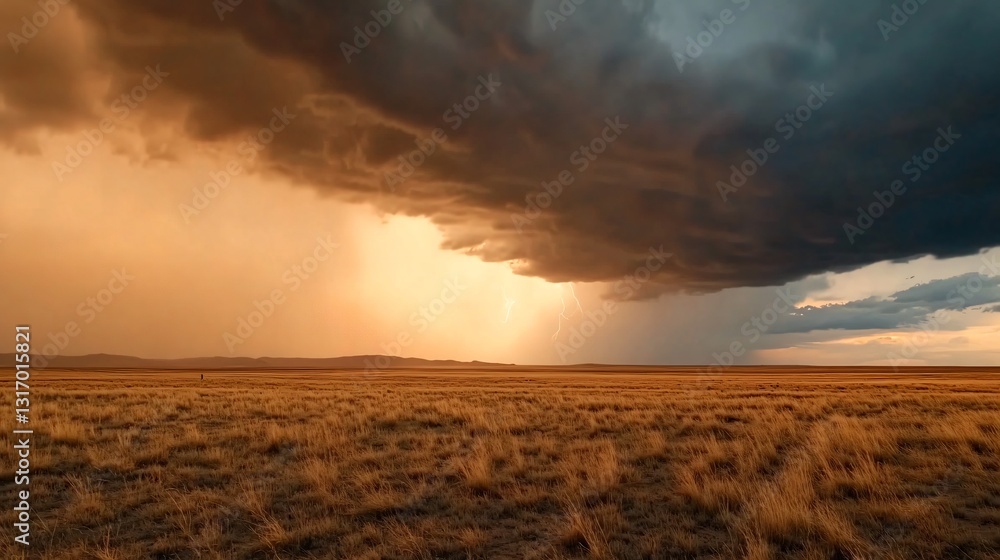 Naklejka premium Dramatic sunset over a vast landscape, dark storm clouds contrasting with golden light, perfect for nature themes.