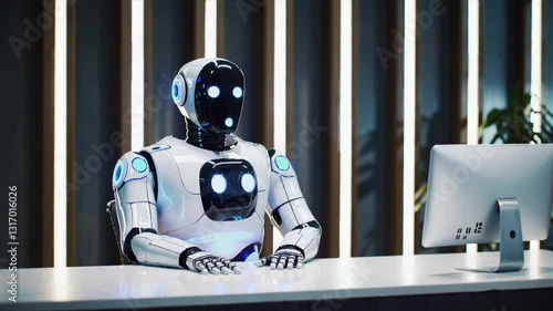 Humanoid Robot Greeting Visitors at Reception Desk Futuristic Office Concept 4K Video