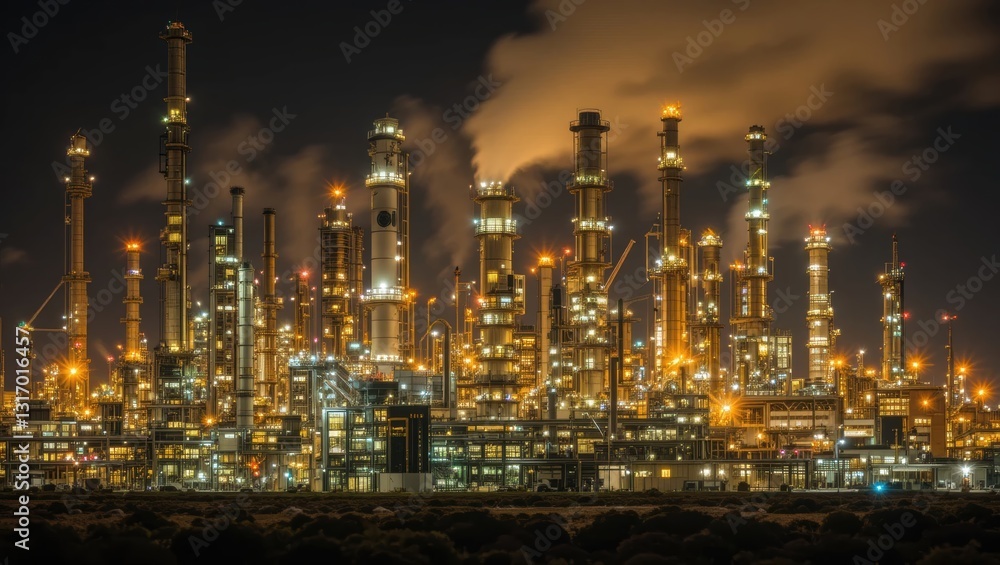 Illuminated Industrial Refinery at Night with Emitting Smoke and Towering Structures Illuminated Industrial Refinery at Night with Emitting Smoke and Towering Structures