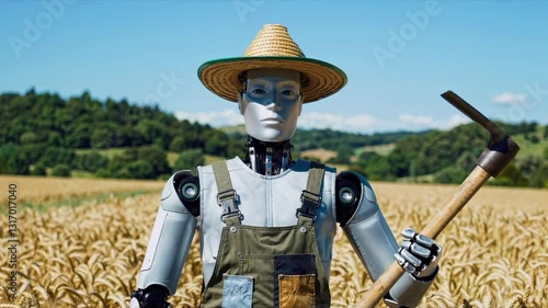 Humanoid Robot Farmer in Wheat Field Wearing Straw Hat Agricultural Technology Concept 4K Video