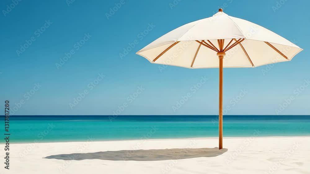 Pristine white sand beach summer featuring sunshade umbrella against turquoise water background, bright blue sky creating serene tropical vacation atmosphere Copy space for text video 4k Pristine white sand beach summer featuring sunshade umbrella against turquoise water background, bright blue sky creating serene tropical vacation atmosphere Copy space for text video 4k