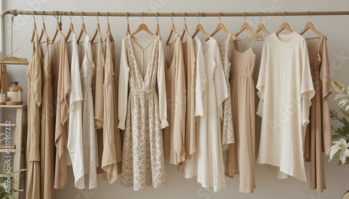 A beautifully curated minimalist wardrobe featuring a collection of neutral-toned garments hanging on a wooden clothing rack. The selection includes dresses, blouses, and outerwear in soft beige