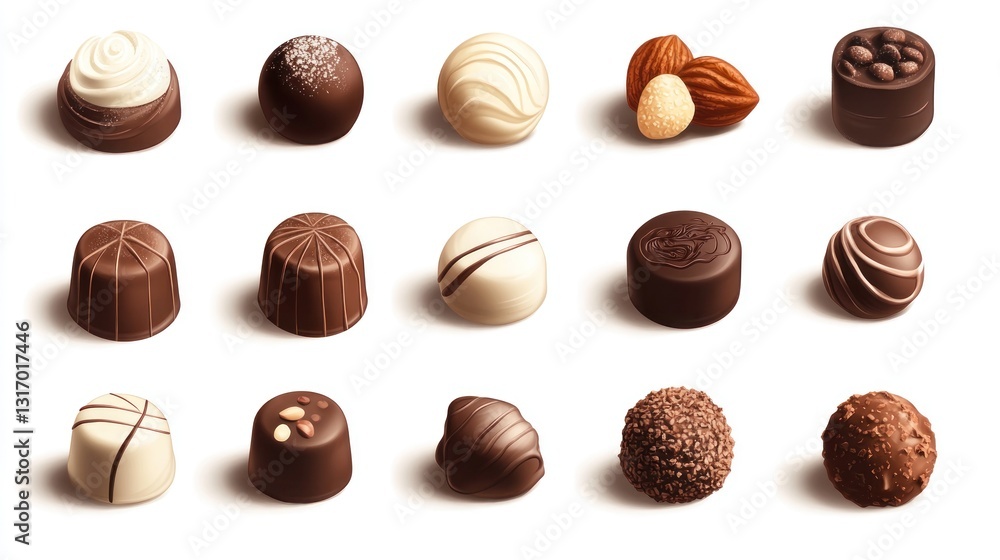 Assorted luxury chocolates in various shapes and fillings Assorted luxury chocolates in various shapes and fillings