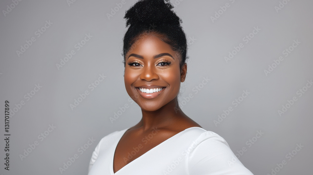 A cheerful portrait of a young woman smiling confidently against a neutral background. A cheerful portrait of a young woman smiling confidently against a neutral background.