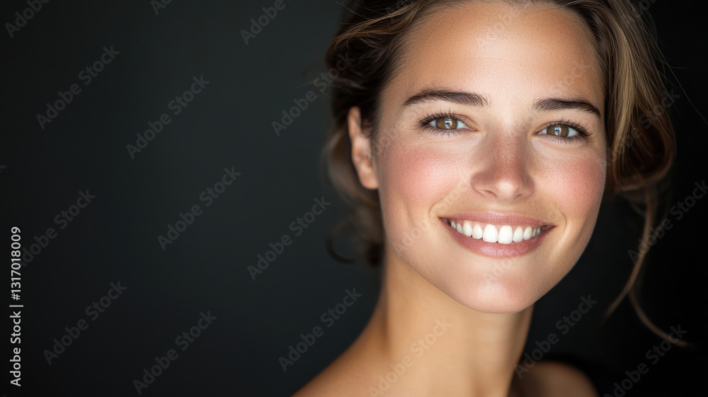 Naklejka premium A cheerful young woman smiling brightly against a dark background.