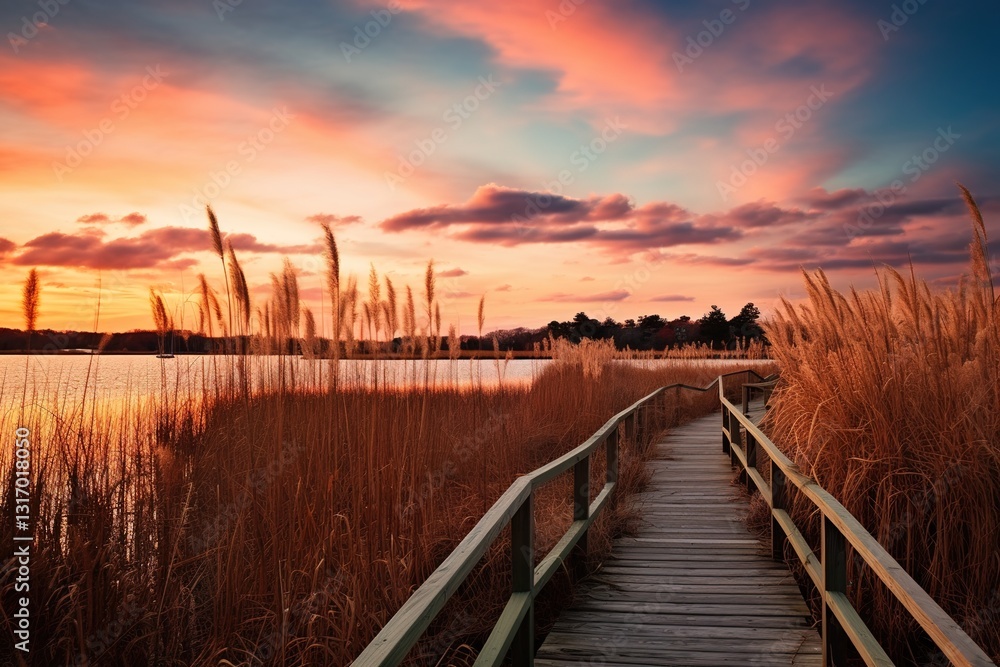 Fototapeta premium Sunset Serenity on the Coastal Marsh Boardwalk: Where Nature and Visitors Unite
