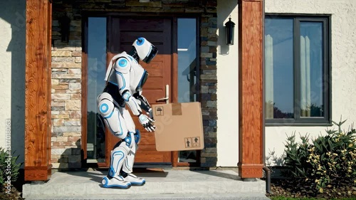 Humanoid Robot Delivering Package to Home Doorstep Futuristic Delivery Service Concept 4K Video