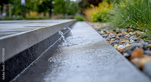 Fototapeta Naklejka Na Ścianę i Meble -  Water flows over the edge of a gray concrete curb or gutter next to a landscaped area with small rocks and blurred greenery on a cloudy day