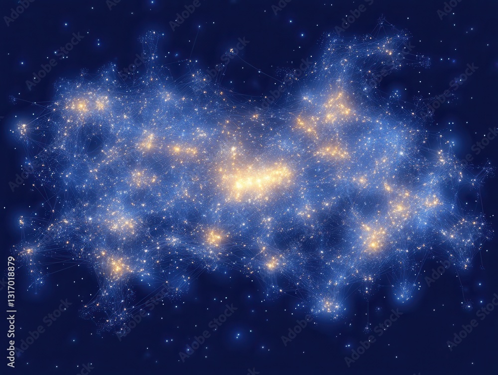 Obraz premium Cosmic Web of Galaxies Interconnected Network in Deep Space Universe with Luminous Nodes and Filamentary Structures on Dark Blue Background