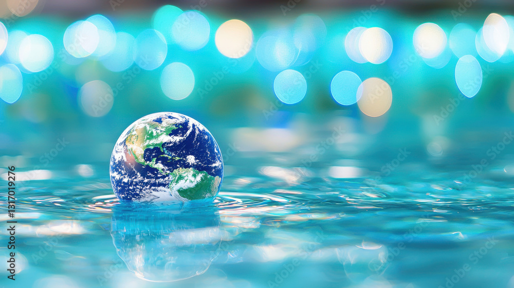 A globe sits on shimmering blue water, symbolizing the Earth's beauty and fragility. A globe sits on shimmering blue water, symbolizing the Earth's beauty and fragility.