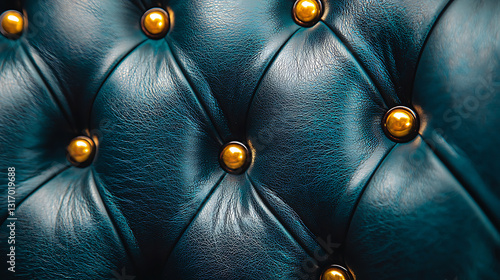Close-up of teal leather upholstery showcasing a tufted diamond pattern secured by shiny round brassy buttons.