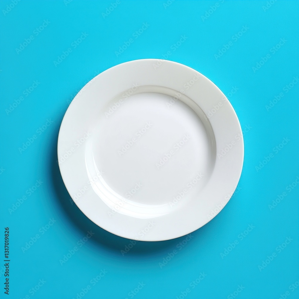 Empty white plate on a vibrant turquoise background Empty white plate on a vibrant turquoise background