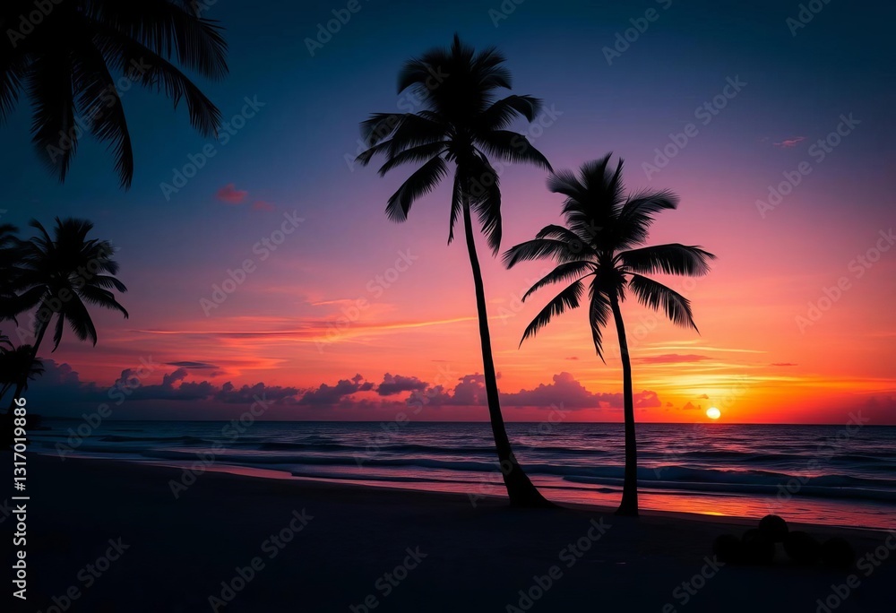 Silhouette of palm trees on sunset beach with coconuts , summer, palm tree silhouette Silhouette of palm trees on sunset beach with coconuts , summer, palm tree silhouette
