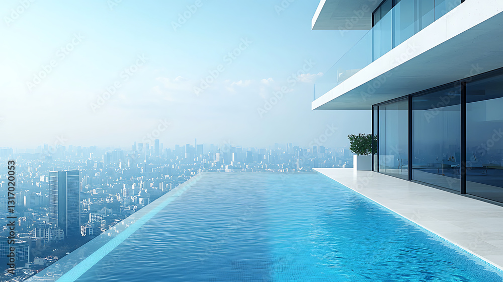 Fototapeta premium Rooftop infinity pool overlooking a sprawling cityscape under a clear bright sky Modern architecture visible.
