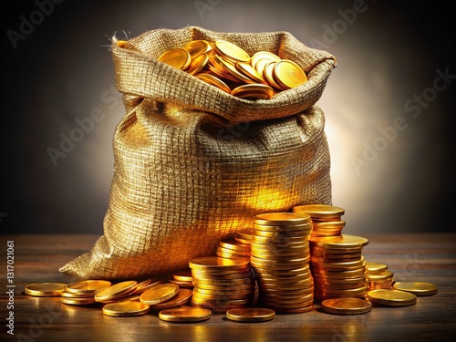 Right-side copy space,  a sack overflowing with coins.  Financial success.