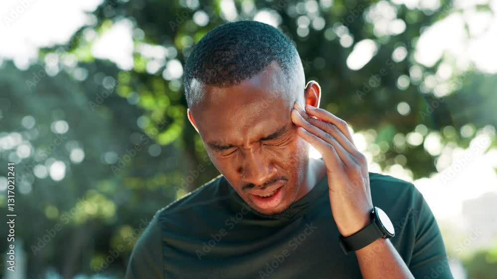 Man, headache or fitness with pain for stress, strain or intense ache at outdoor park. Male person, migraine or accident with vertigo or dizziness from overworked workout, heat or exercise in forest Man, headache or fitness with pain for stress, strain or intense ache at outdoor park. Male person, migraine or accident with vertigo or dizziness from overworked workout, heat or exercise in forest