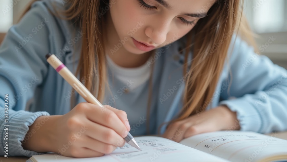 Young Girl Engaged in Writing and Studying at a Table in a Bright Indoor Environment Young Girl Engaged in Writing and Studying at a Table in a Bright Indoor Environment