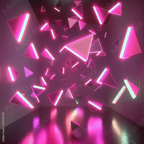 Abstract Neon Triangles with Dynamic Light in Modern Space