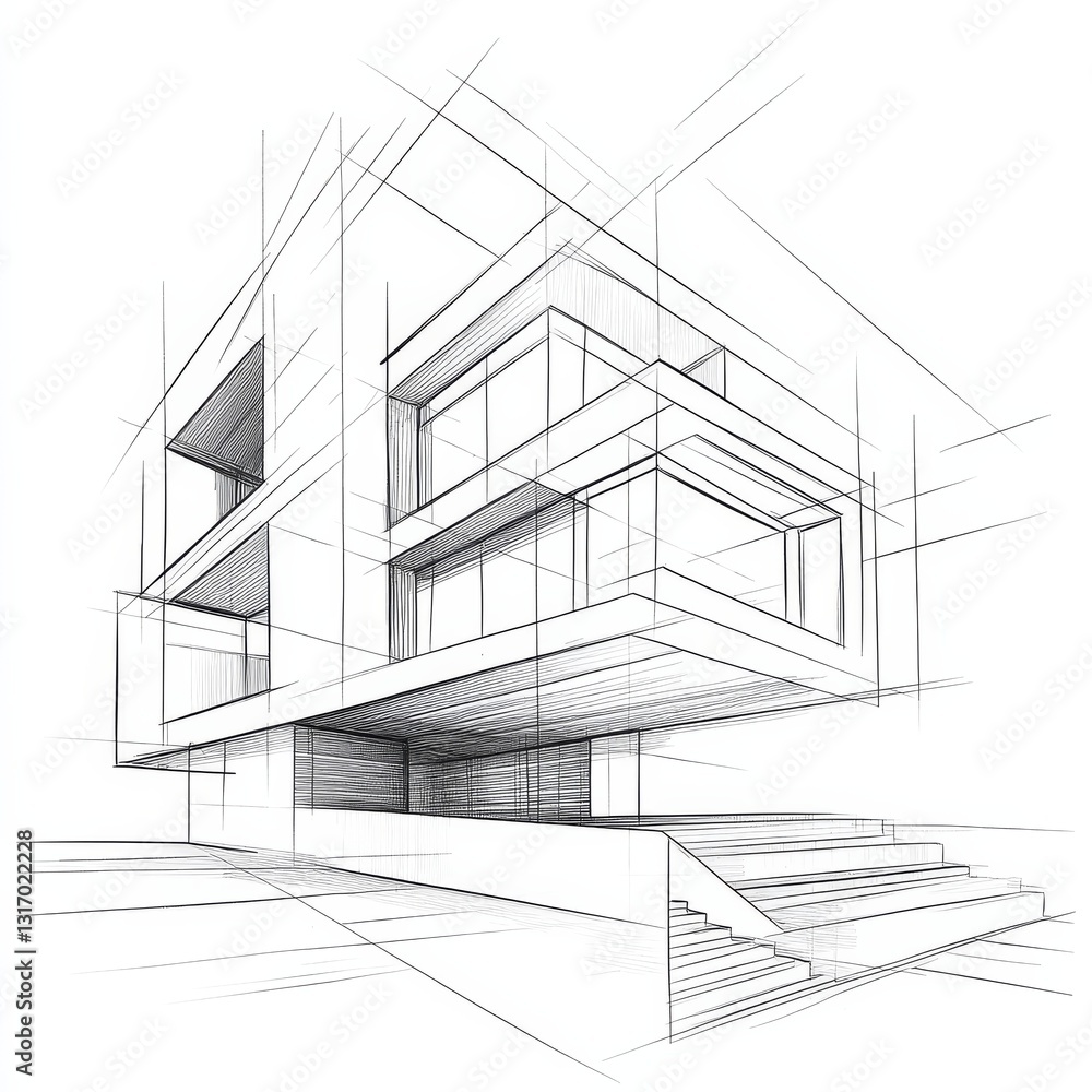 Architectural Sketch: Modern House Design with Clean Lines and Geometric Structure - A Blueprint Vision Architectural Sketch: Modern House Design with Clean Lines and Geometric Structure - A Blueprint Vision