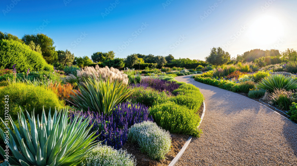 Obraz premium A vibrant garden pathway surrounded by lush greenery and colorful flowers under a blue sky.