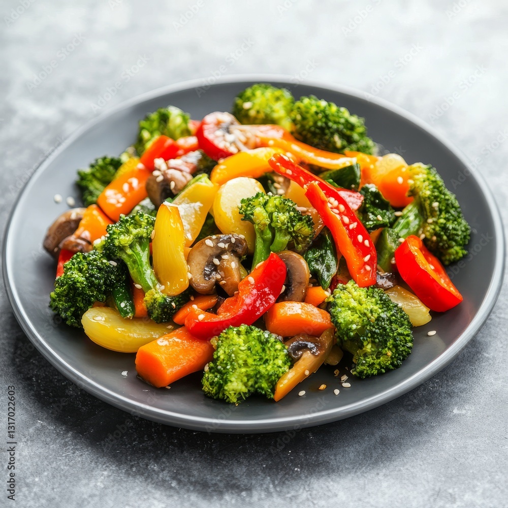 A vibrant stir-fry: Colorful vegetables including broccoli, carrots, bell peppers, and mushrooms on a gray plate. A vibrant stir-fry: Colorful vegetables including broccoli, carrots, bell peppers, and mushrooms on a gray plate.