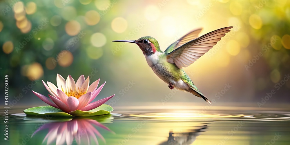 Naklejka premium Nature's jewel-toned display: hummingbirds and flowers near water.