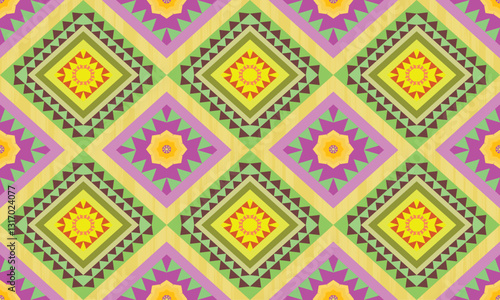 Seamless fabric pattern with colorful geometric shapes, triangles and rhombus lined up in rows to form a beautiful overlapping rhombus shape, abstract geometric background 