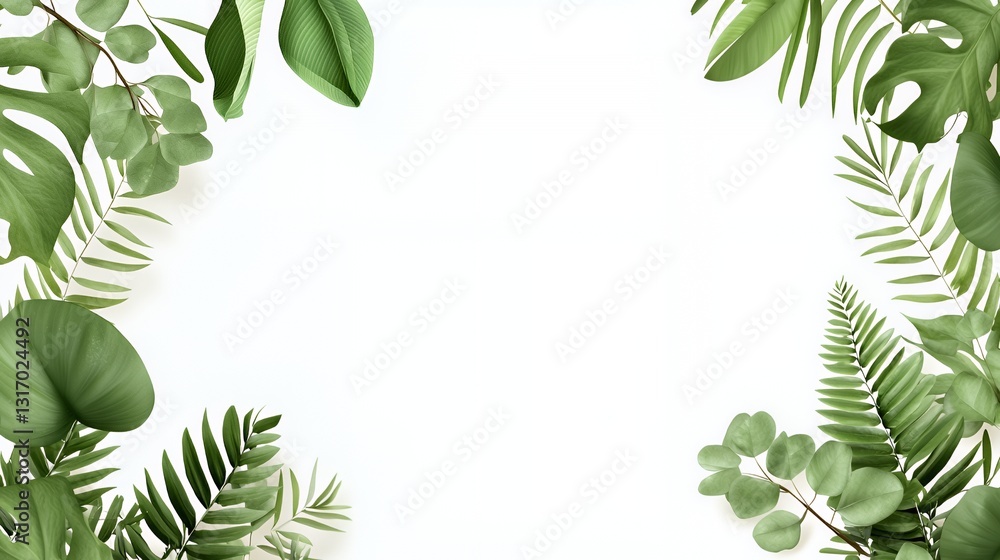 Fototapeta premium Green Tropical Leaves Frame on White Background