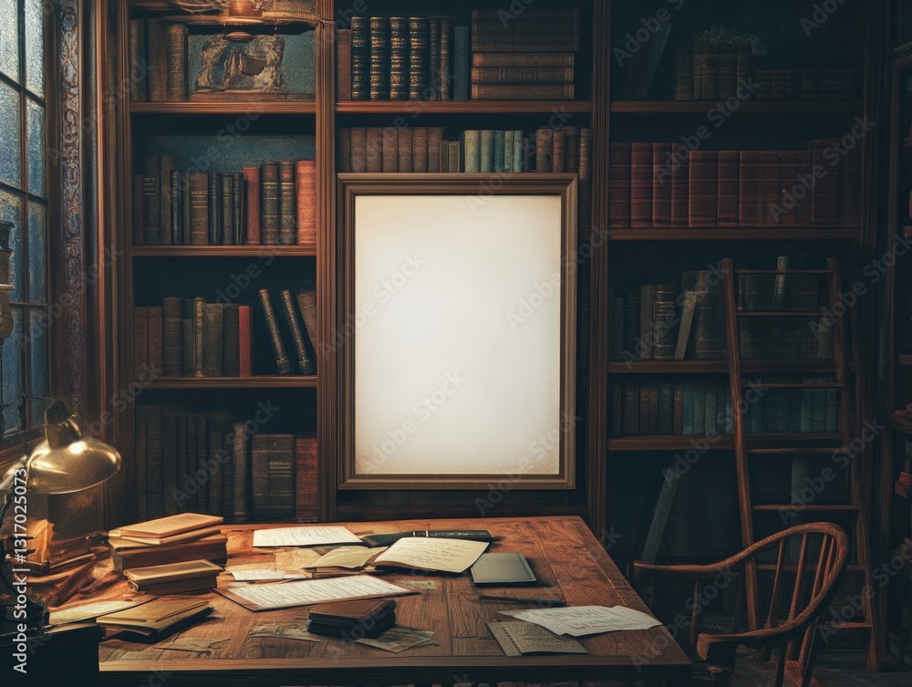 Elegant wooden library interior with bookshelves a wooden desk a golden lamp and a blank canvas for display Elegant wooden library interior with bookshelves a wooden desk a golden lamp and a blank canvas for display