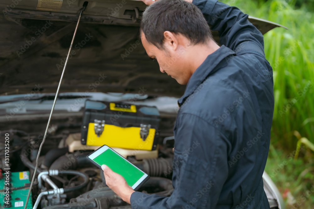 Mechanic diagnosing car issues using tablet technology in an outdoor garage during daylight hours Mechanic diagnosing car issues using tablet technology in an outdoor garage during daylight hours
