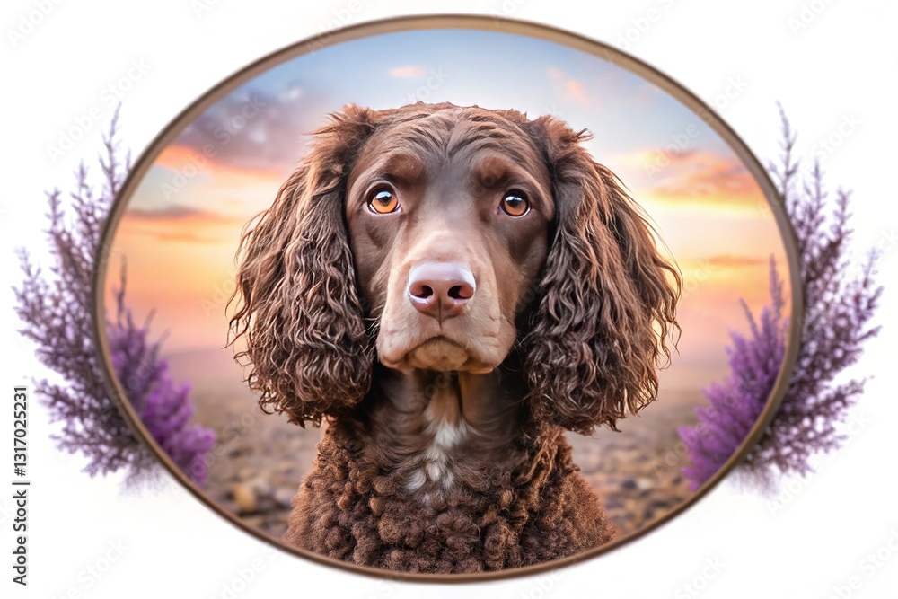 Lavender haze desert scene, AI spaniel portrait. Lavender haze desert scene, AI spaniel portrait.