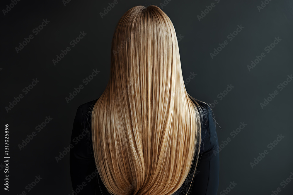Naklejka premium A person with long, straight blond hair stands with their back turned, showcasing the hair's shine